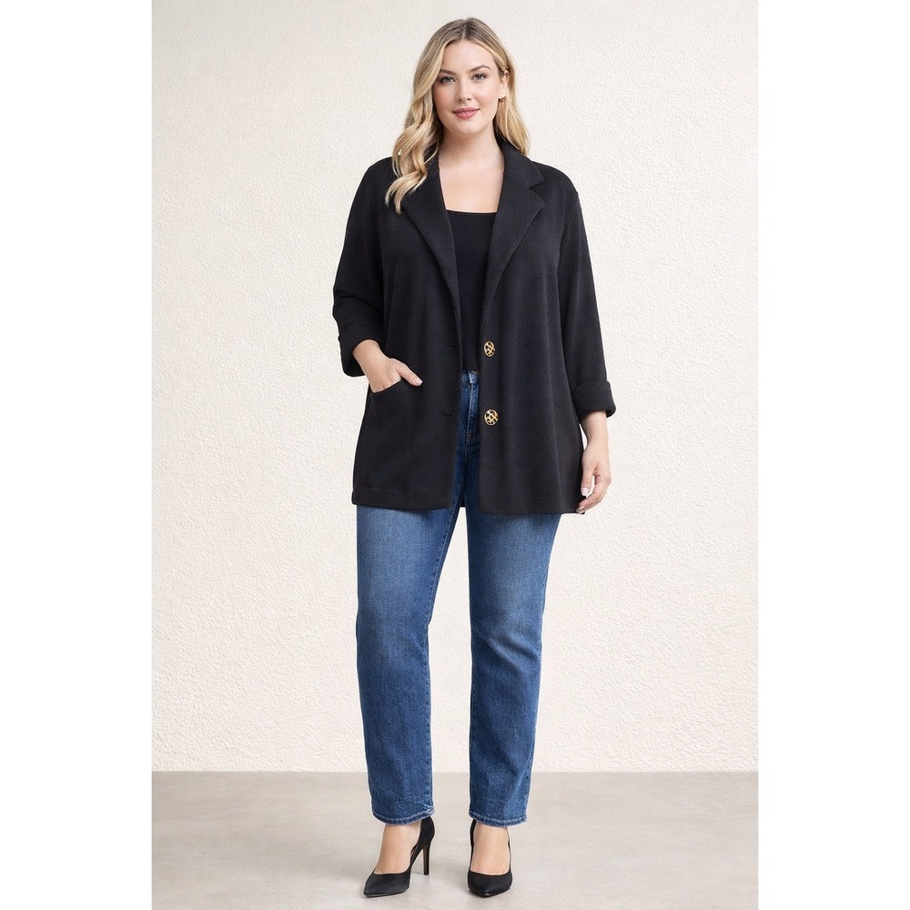 VTG St John Separates Black Jacket L Santana Knit Blazer Gold Button USA Luxury